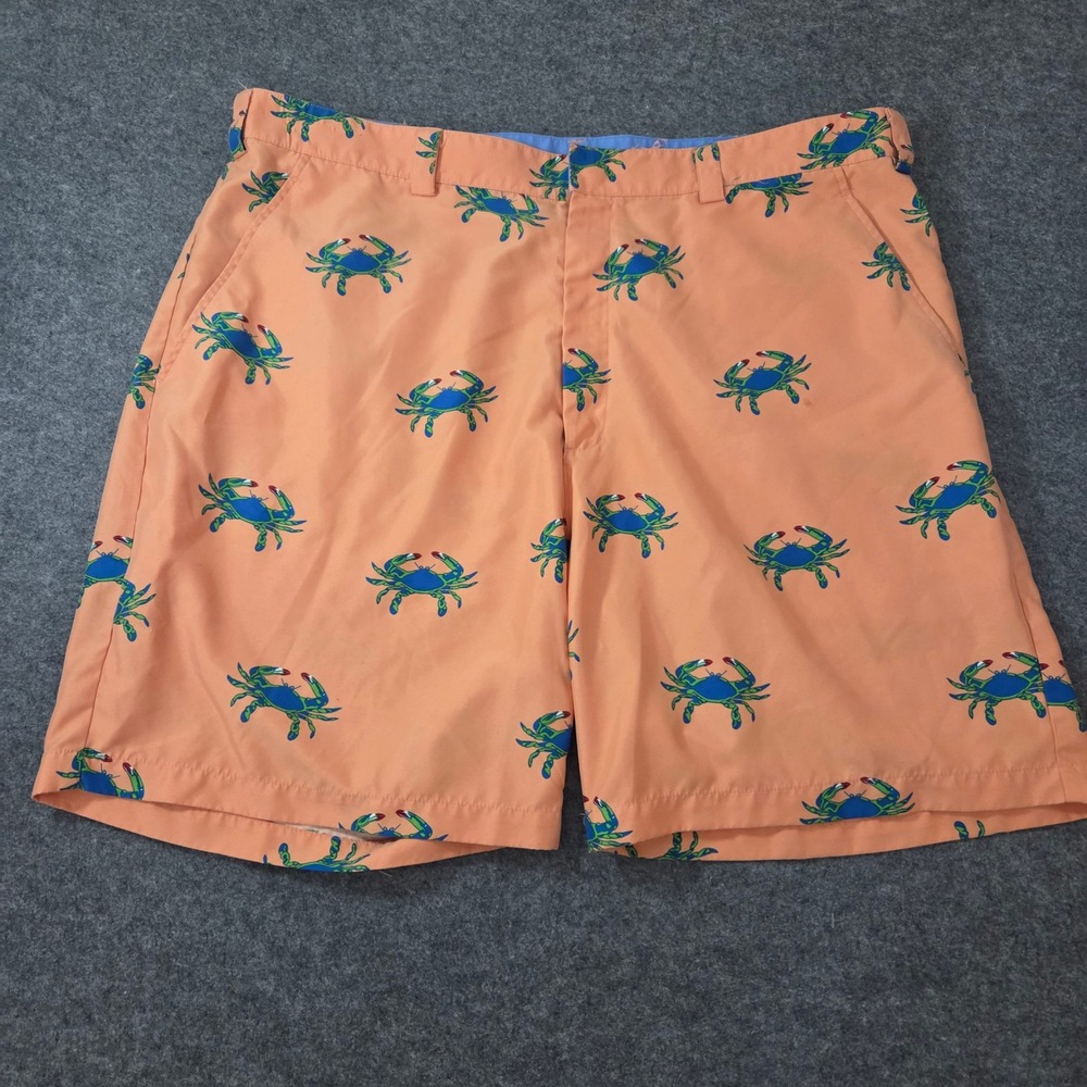 Bermuda Styles Mens Orange Blue Crab Print Shorts Size 42 Mesh Lined Coastal